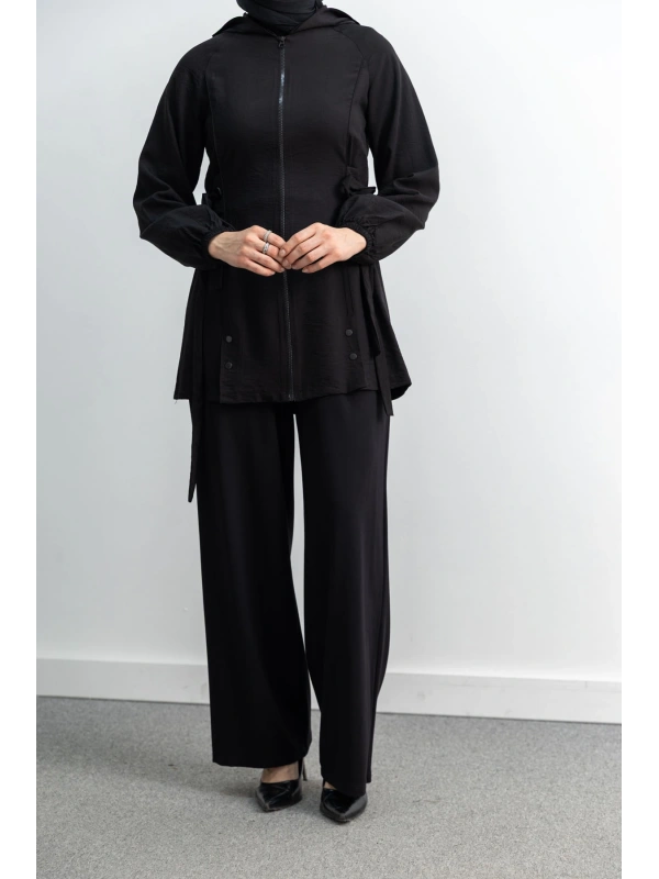 Letafet Şerit Detaylı Kapüşonlu Fermuarlı Ceket - SİYAH