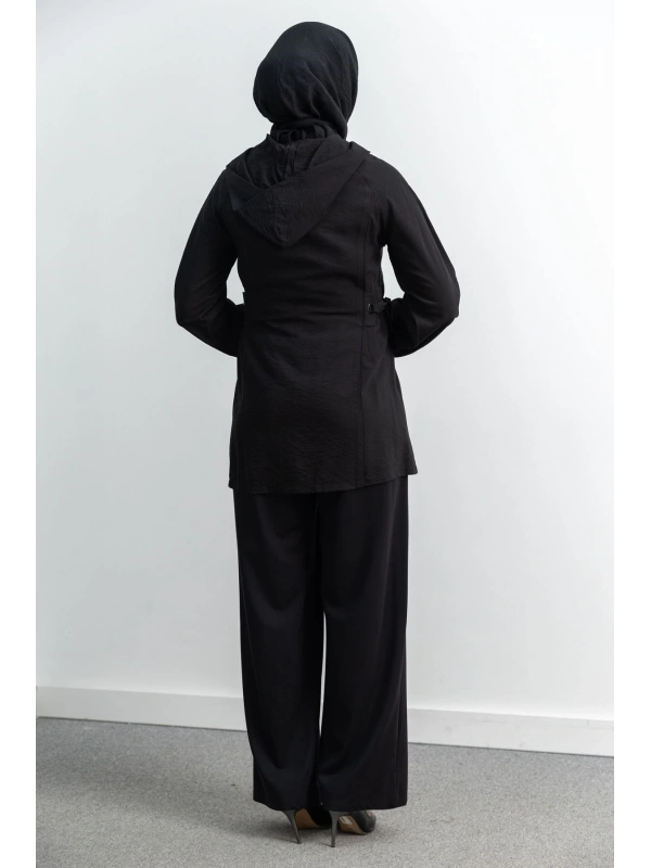 Letafet Şerit Detaylı Kapüşonlu Fermuarlı Ceket - SİYAH