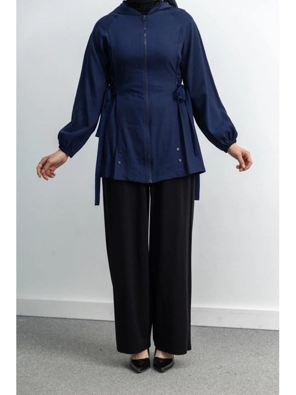 Letafet Şerit Detaylı Kapüşonlu Fermuarlı Ceket - LACİVERT