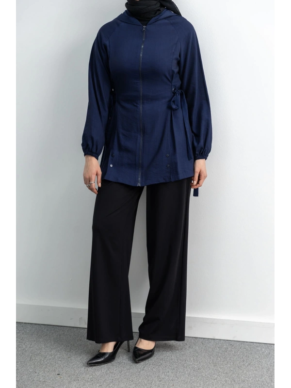 Letafet Şerit Detaylı Kapüşonlu Fermuarlı Ceket - LACİVERT