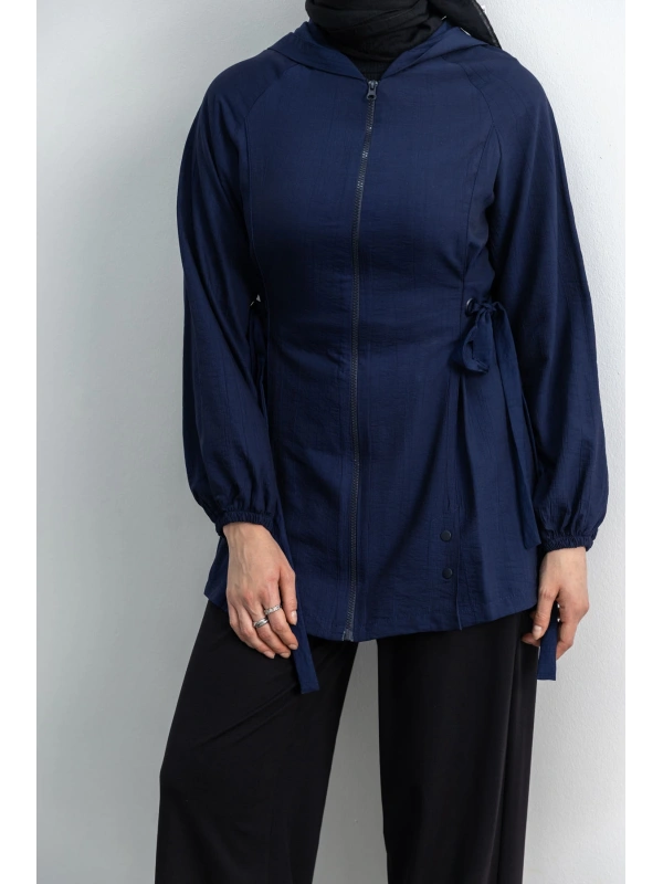 Letafet Şerit Detaylı Kapüşonlu Fermuarlı Ceket - LACİVERT