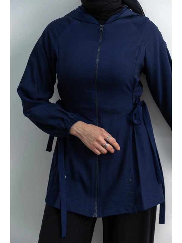 Letafet Şerit Detaylı Kapüşonlu Fermuarlı Ceket - LACİVERT