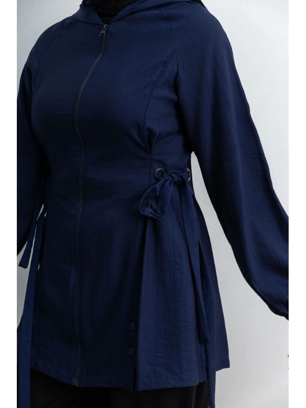 Letafet Şerit Detaylı Kapüşonlu Fermuarlı Ceket - LACİVERT