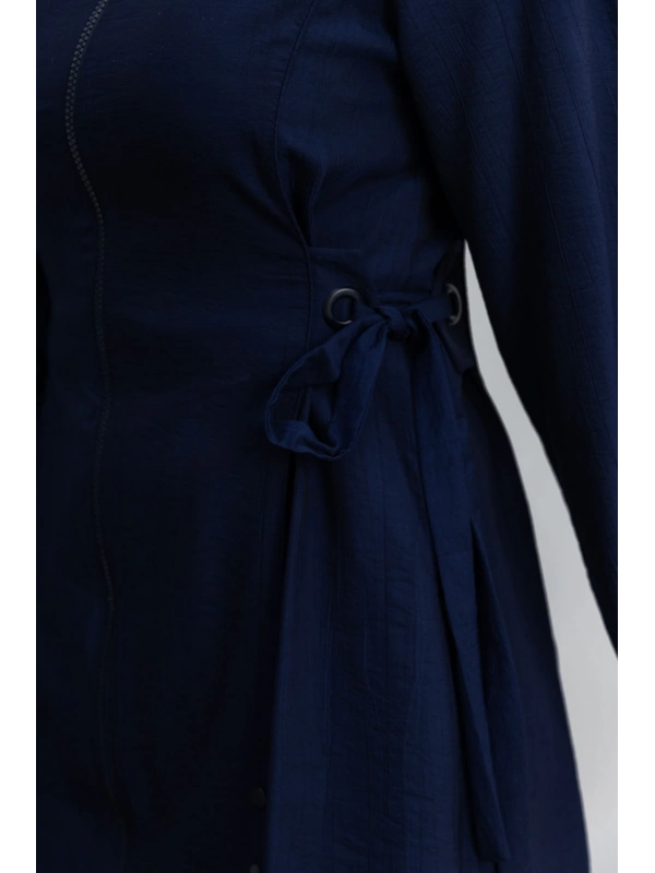 Letafet Şerit Detaylı Kapüşonlu Fermuarlı Ceket - LACİVERT