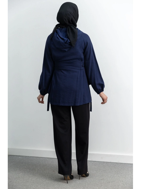 Letafet Şerit Detaylı Kapüşonlu Fermuarlı Ceket - LACİVERT