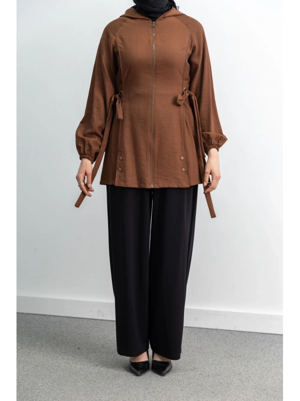 Letafet Şerit Detaylı Kapüşonlu Fermuarlı Ceket - KAHVE