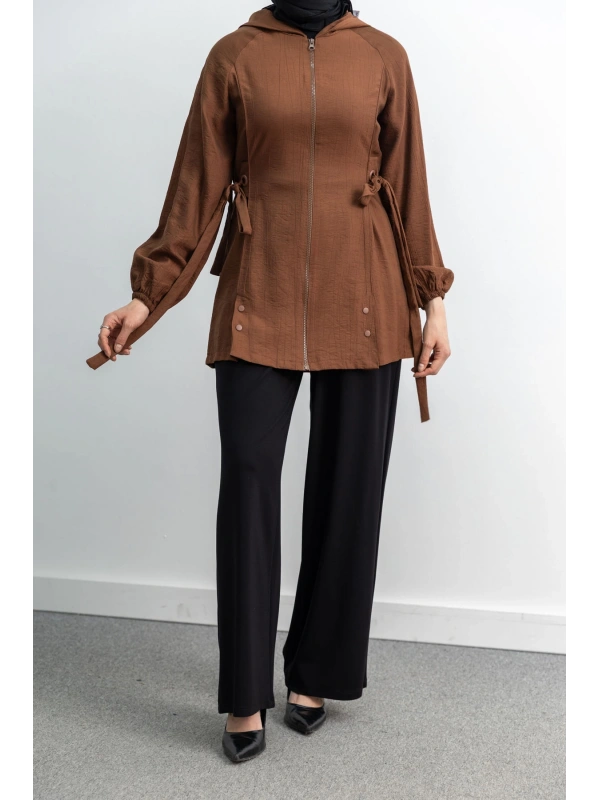 Letafet Şerit Detaylı Kapüşonlu Fermuarlı Ceket - KAHVE