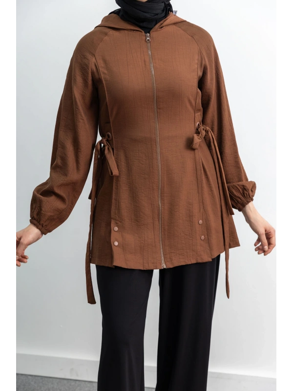 Letafet Şerit Detaylı Kapüşonlu Fermuarlı Ceket - KAHVE