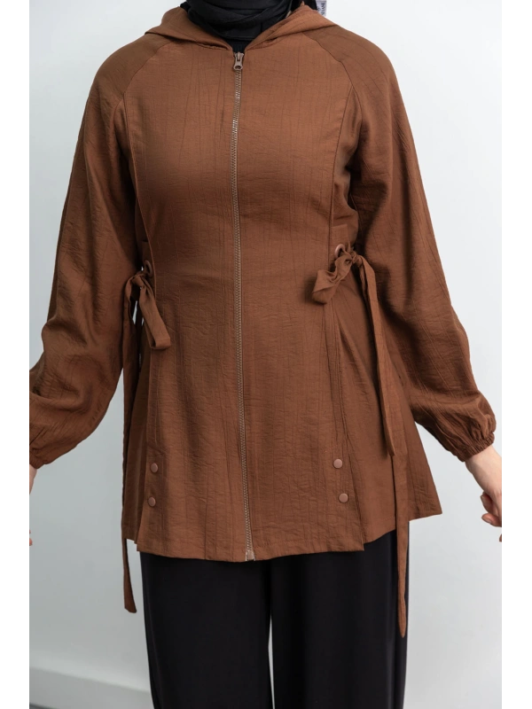 Letafet Şerit Detaylı Kapüşonlu Fermuarlı Ceket - KAHVE