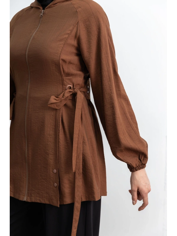 Letafet Şerit Detaylı Kapüşonlu Fermuarlı Ceket - KAHVE