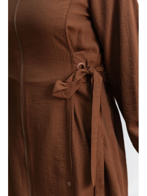 Letafet Şerit Detaylı Kapüşonlu Fermuarlı Ceket - KAHVE