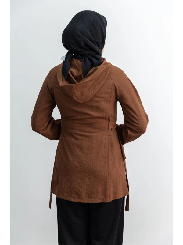 Letafet Şerit Detaylı Kapüşonlu Fermuarlı Ceket - KAHVE