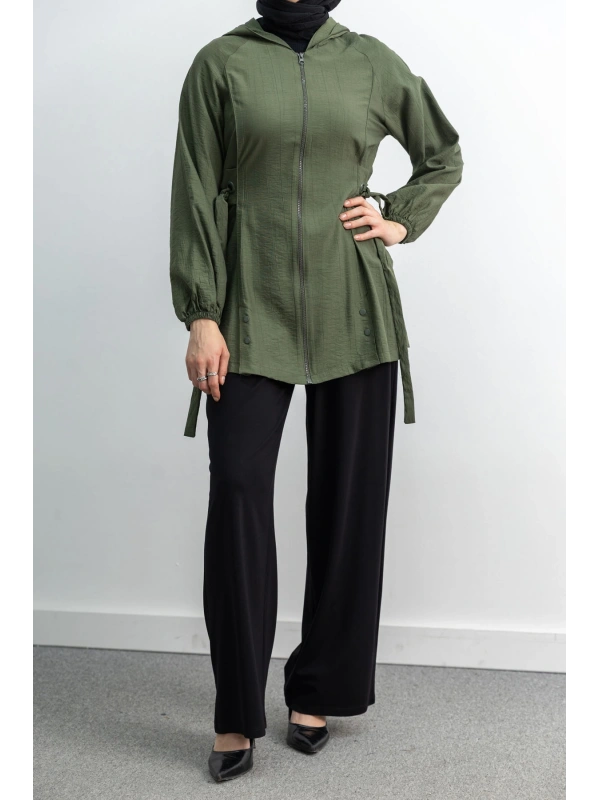 Letafet Şerit Detaylı Kapüşonlu Fermuarlı Ceket - HAKİ