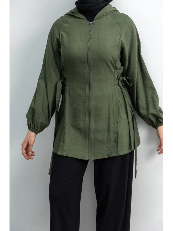 Letafet Şerit Detaylı Kapüşonlu Fermuarlı Ceket - HAKİ