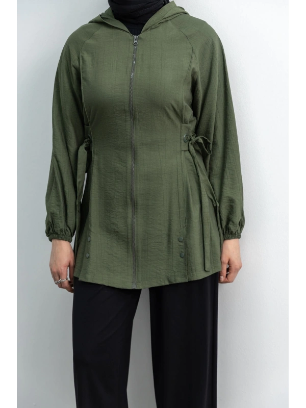 Letafet Şerit Detaylı Kapüşonlu Fermuarlı Ceket - HAKİ