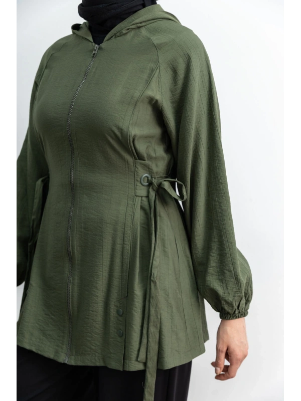 Letafet Şerit Detaylı Kapüşonlu Fermuarlı Ceket - HAKİ