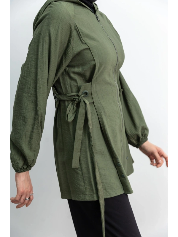 Letafet Şerit Detaylı Kapüşonlu Fermuarlı Ceket - HAKİ