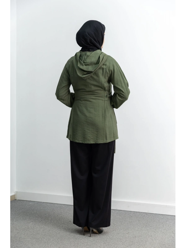 Letafet Şerit Detaylı Kapüşonlu Fermuarlı Ceket - HAKİ