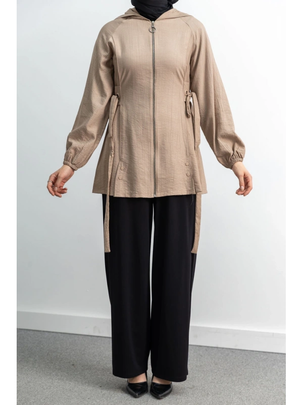 Letafet Şerit Detaylı Kapüşonlu Fermuarlı Ceket - VİZON