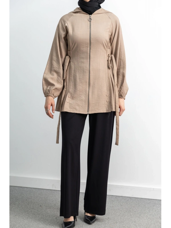 Letafet Şerit Detaylı Kapüşonlu Fermuarlı Ceket - VİZON