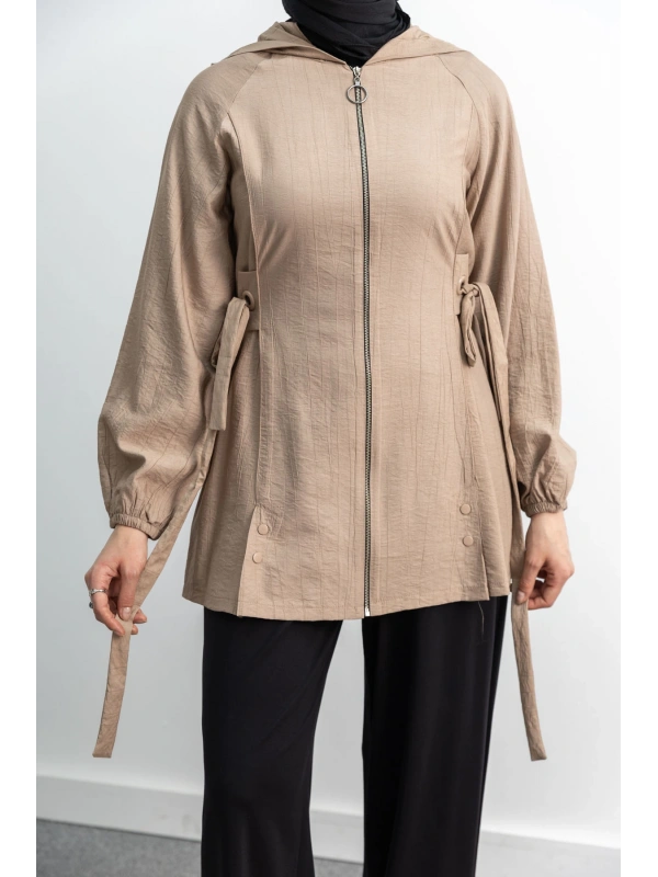 Letafet Şerit Detaylı Kapüşonlu Fermuarlı Ceket - VİZON