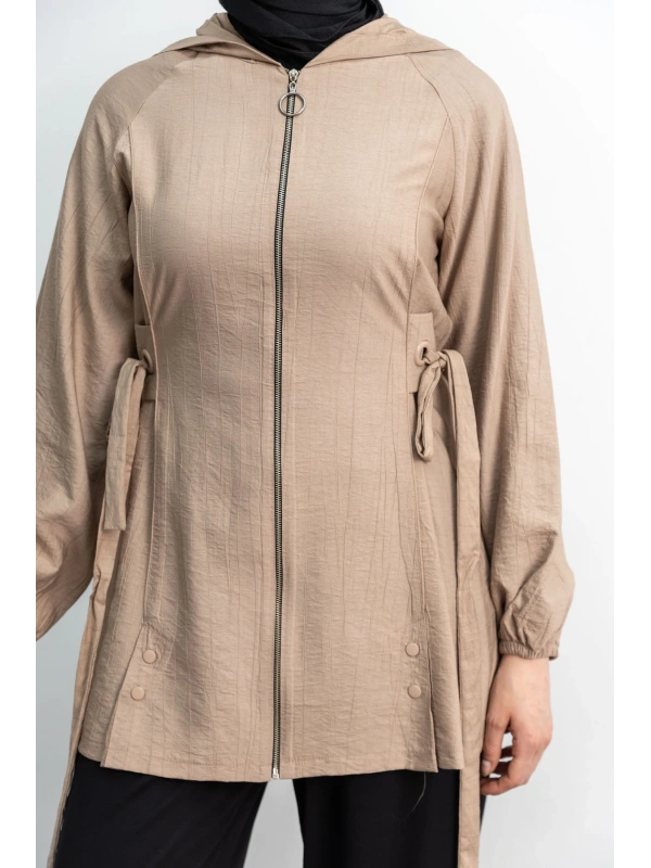 Letafet Şerit Detaylı Kapüşonlu Fermuarlı Ceket - VİZON