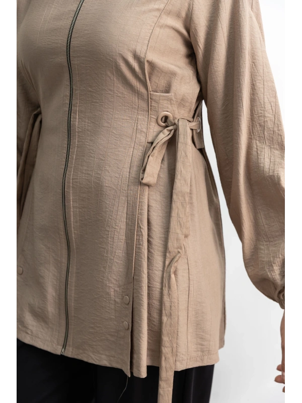 Letafet Şerit Detaylı Kapüşonlu Fermuarlı Ceket - VİZON