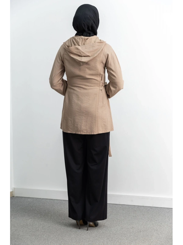 Letafet Şerit Detaylı Kapüşonlu Fermuarlı Ceket - VİZON