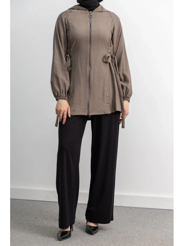 Letafet Şerit Detaylı Kapüşonlu Fermuarlı Ceket - TAŞ