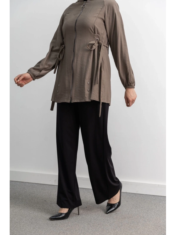 Letafet Şerit Detaylı Kapüşonlu Fermuarlı Ceket - TAŞ