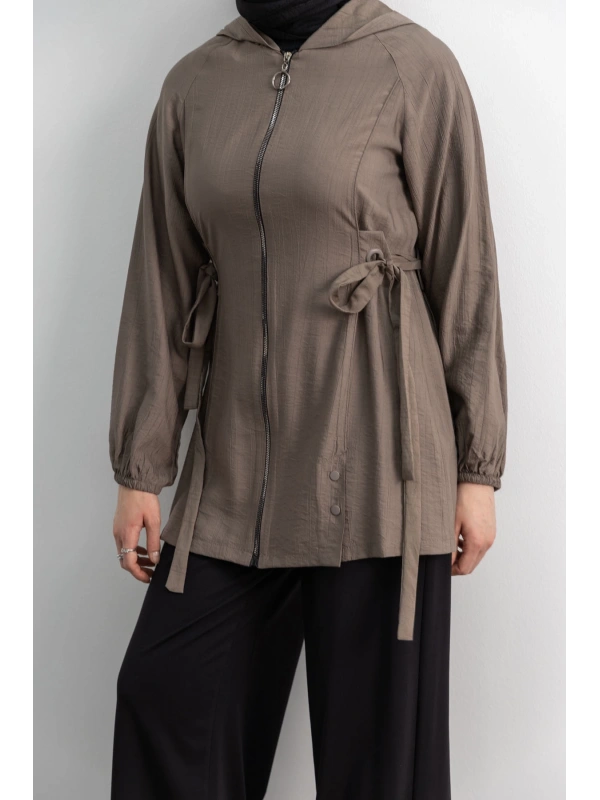 Letafet Şerit Detaylı Kapüşonlu Fermuarlı Ceket - TAŞ