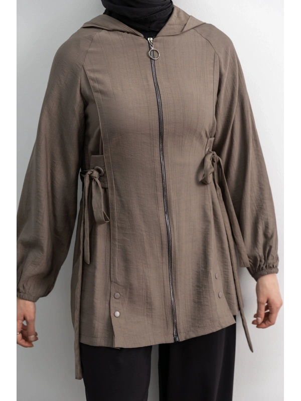 Letafet Şerit Detaylı Kapüşonlu Fermuarlı Ceket - TAŞ