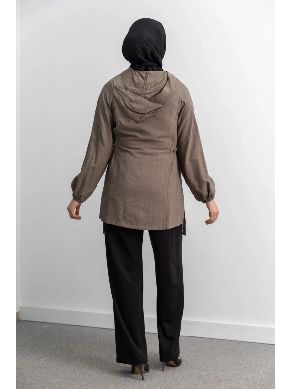 Letafet Şerit Detaylı Kapüşonlu Fermuarlı Ceket - TAŞ