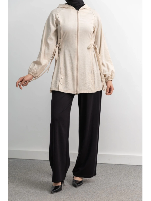 Letafet Şerit Detaylı Kapüşonlu Fermuarlı Ceket - KREM