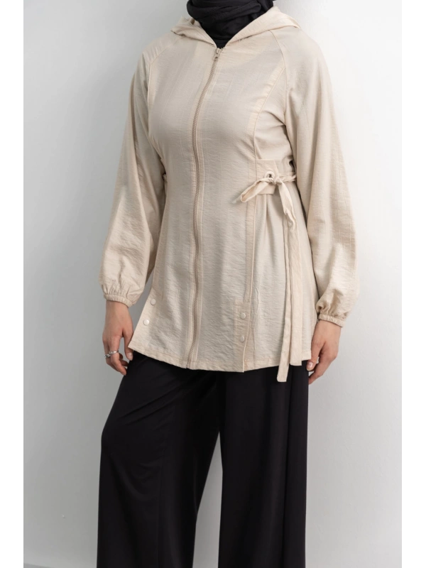 Letafet Şerit Detaylı Kapüşonlu Fermuarlı Ceket - KREM