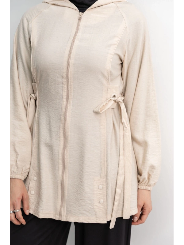 Letafet Şerit Detaylı Kapüşonlu Fermuarlı Ceket - KREM