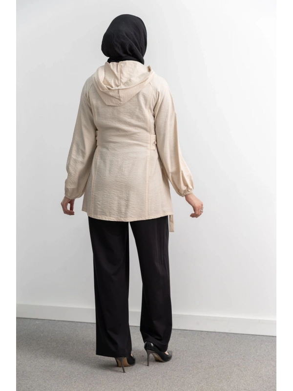 Letafet Şerit Detaylı Kapüşonlu Fermuarlı Ceket - KREM