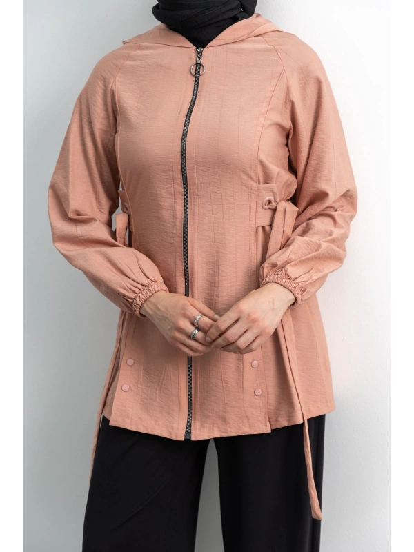 Letafet Şerit Detaylı Kapüşonlu Fermuarlı Ceket - GÜL