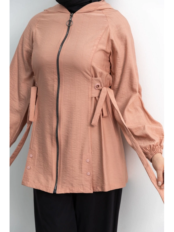 Letafet Şerit Detaylı Kapüşonlu Fermuarlı Ceket - GÜL