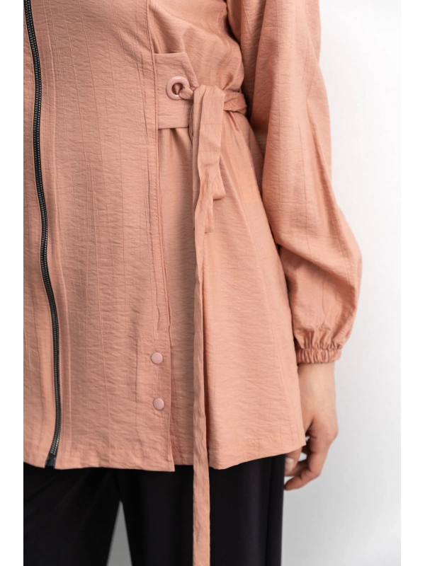 Letafet Şerit Detaylı Kapüşonlu Fermuarlı Ceket - GÜL