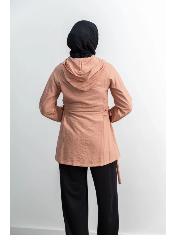 Letafet Şerit Detaylı Kapüşonlu Fermuarlı Ceket - GÜL