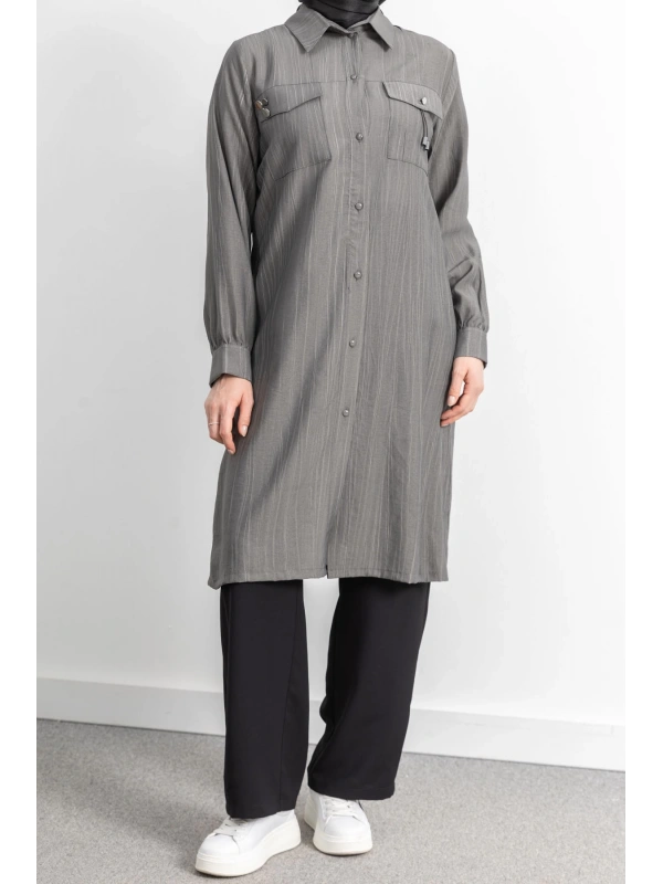 ROBADAN CEP DETAYLI KLASİK TUNİK - GRİ