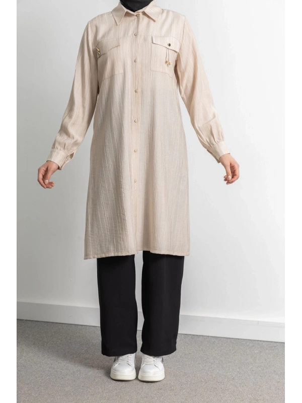 ROBADAN CEP DETAYLI KLASİK TUNİK - BEJ