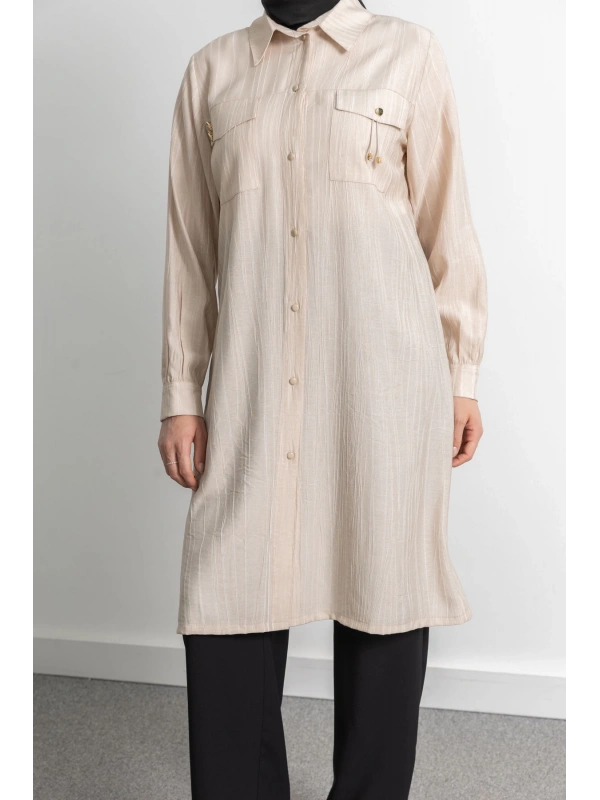 ROBADAN CEP DETAYLI KLASİK TUNİK - BEJ