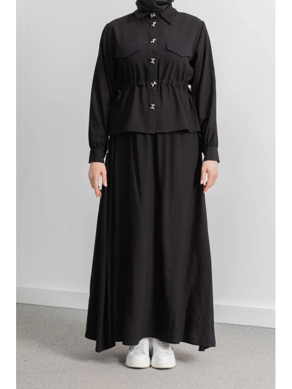 BEL BÜZGÜ DETAYLI ETEK TAKIM - SİYAH