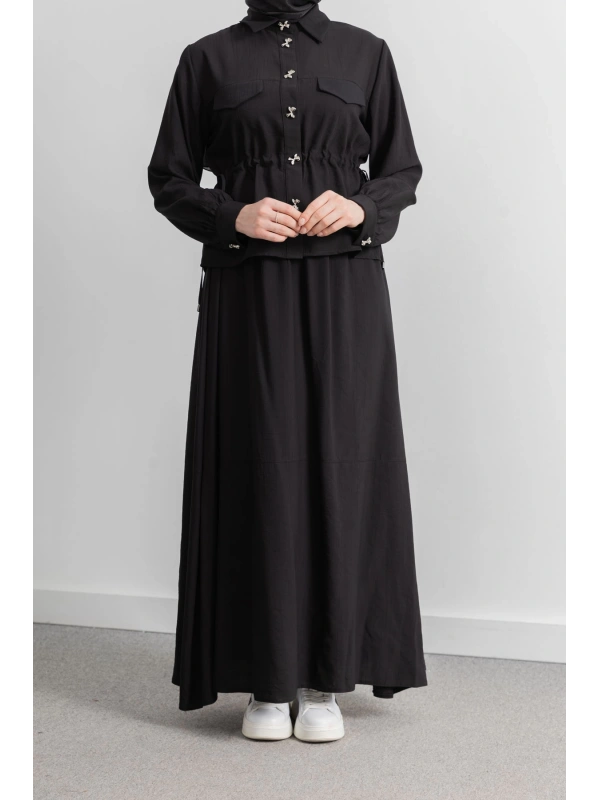 BEL BÜZGÜ DETAYLI ETEK TAKIM - SİYAH