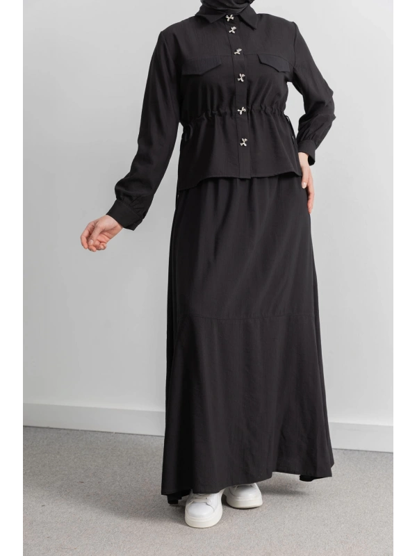 BEL BÜZGÜ DETAYLI ETEK TAKIM - SİYAH