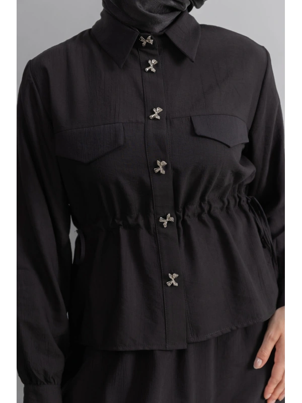 BEL BÜZGÜ DETAYLI ETEK TAKIM - SİYAH