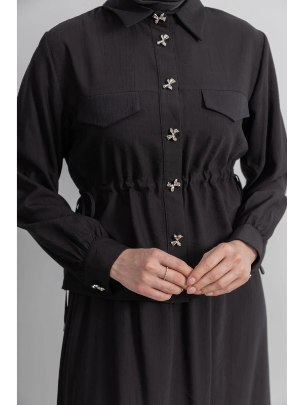 BEL BÜZGÜ DETAYLI ETEK TAKIM - SİYAH