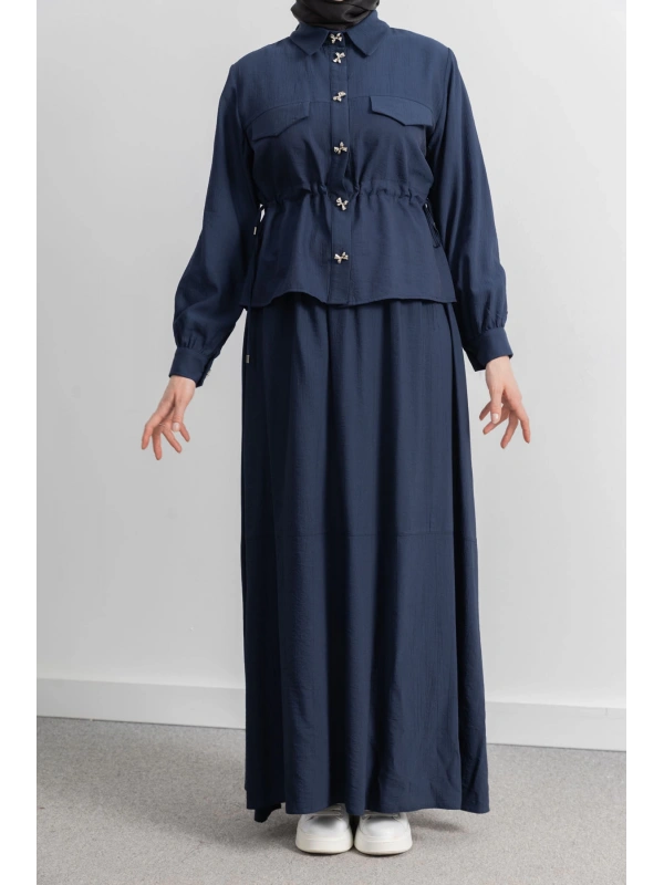 BEL BÜZGÜ DETAYLI ETEK TAKIM - LACİVERT